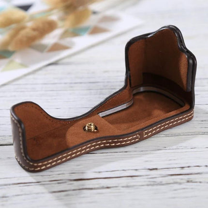 PU Leather Half Case for Canon EOS M3 with 1/4 Inch Thread — brown PU leather half camera case protecting body and offering 1/4 inch tripod mount