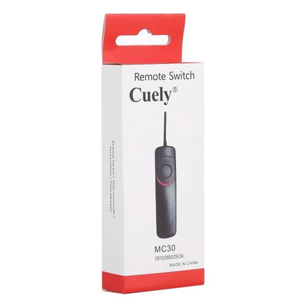 Cuely Remote Shutter Release Cord for Nikon Cameras in retail box showing remote switch MC30 front view