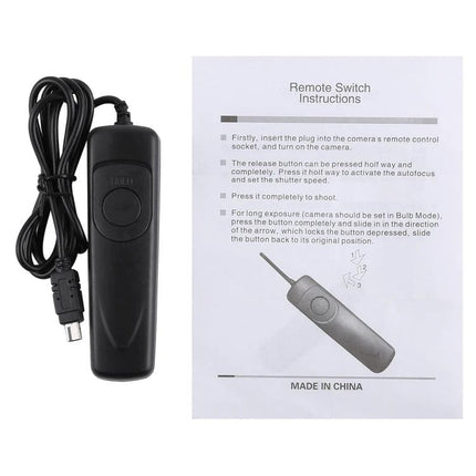 Cuely Remote Shutter Release Cord for Nikon Cameras with instruction sheet shown, black cord and remote control