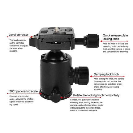 Triopo Adjustable Aluminum Tripod for SLR Cameras - close-up of ball head with quick release plate, level corrector, damping lock and 360° panoramic scale