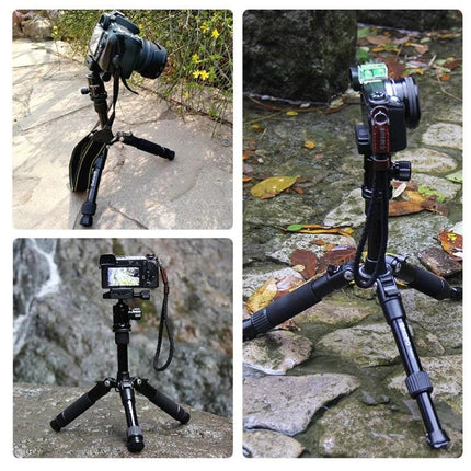 Triopo Adjustable Aluminum Tripod for SLR Cameras set up for low-angle and panoramic outdoor shots with an SLR camera mounted