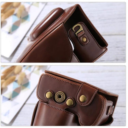 Full Body Soft PU Leather Protective Case for Nikon Cameras in brown showing top buttons and strap hardware