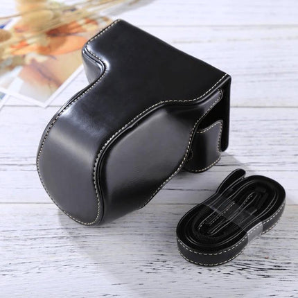 Durable PU Leather Protective Case for Digital Cameras with Strap - black stitched camera cover with detachable strap