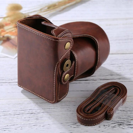 Durable PU Leather Protective Case for Digital Cameras with Strap, brown stitched camera cover and detachable strap