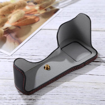Durable PU Leather Half Case for Sony Mirrorless Cameras with Tripod Thread — black PU leather half case with red stitch and tripod thread