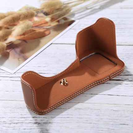 Durable PU Leather Half Case for Sony Mirrorless Cameras with Tripod Thread - brown PU leather protective half case with tripod thread