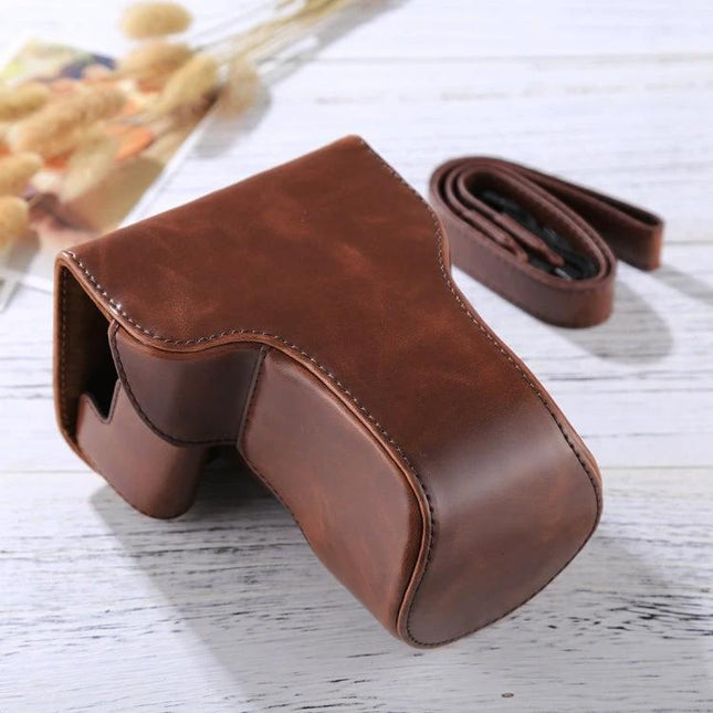 PU Leather Protective Case for Canon EOS M6 with 18-150mm Lens - brown vintage-style PU leather camera case with detachable strap