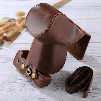 PU Leather Protective Case for Canon EOS M6 with 18-150mm Lens brown vintage camera bag shown with strap