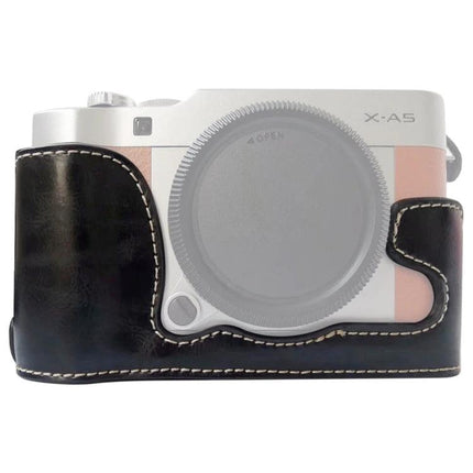 PU Leather Half Case Base for FUJIFILM X-A5 Camera in black synthetic leather fitted on X-A5, stitched protective half case base