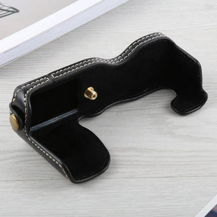 PU Leather Half Case Base for FUJIFILM X-A5 Camera in black synthetic leather with stitched trim and tripod screw, open view showing interior protection