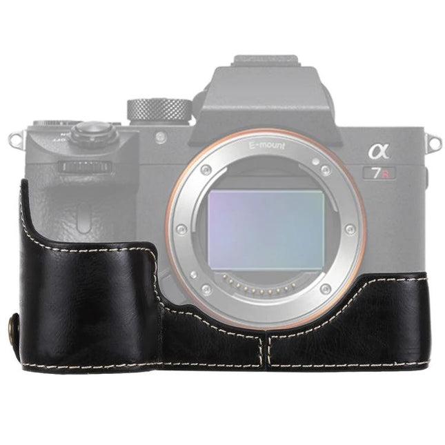 PU Leather Half Case with 1/4 Inch Thread for Sony Cameras - black protective half case with stitching