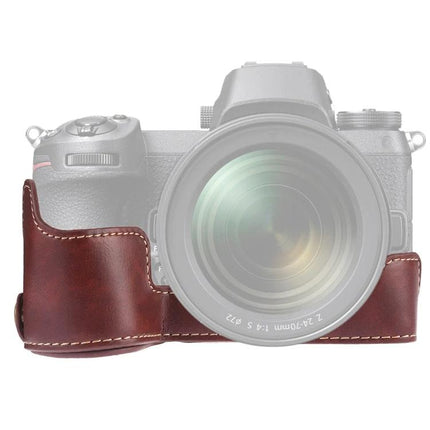 PU Leather Half Case for Nikon Z Series Cameras with Tripod Mount - brown stitched protective half case on camera