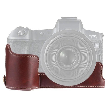 PU Leather Protective Half Case with Thread for Canon EOS R Camera in brown, stitched half-body camera cover protecting base and grip