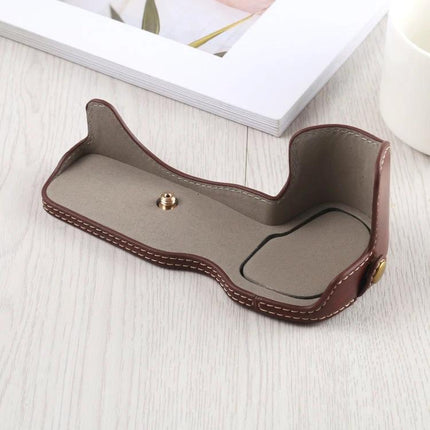 PU Leather Protective Half Case with Thread for Canon EOS R Camera brown PU leather half case with screw mount and stitched trim