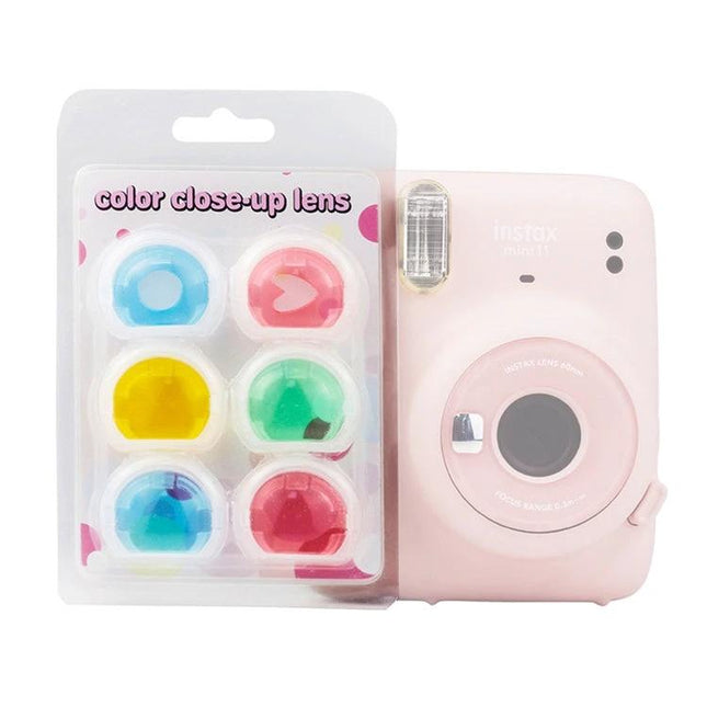 Six-Color Jelly Camera Filters Set for Fujifilm Instax Mini 11 Photos - pack of six colorful jelly filters next to pink Instax Mini 11