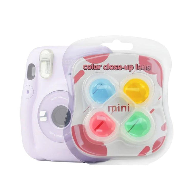 Set of Four Colorful Jelly Filters for Fujifilm Instax Mini 11 shown on a lavender Instax Mini camera in retail blister pack