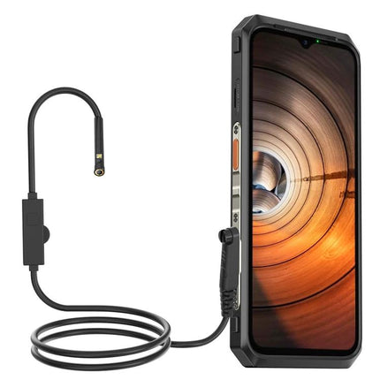USmart E2 Waterproof Endoscope for Ulefone Device Inspections connected to Ulefone showing pipe inspection on phone screen