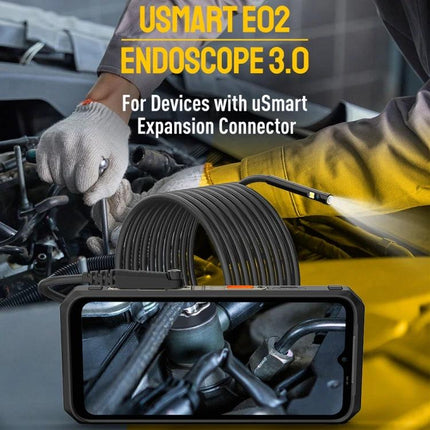 USmart E2 Waterproof Endoscope for Ulefone Device Inspections showing endoscope probe connected to Ulefone inspecting car engine components