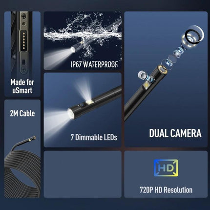 USmart E2 Waterproof Endoscope for Ulefone Device Inspections - 2M cable, IP67 waterproof, dual camera, 7 dimmable LEDs, 720P HD