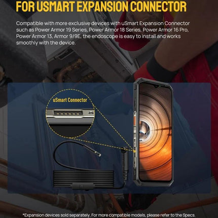 USmart E2 Waterproof Endoscope for Ulefone Device Inspections connected to Ulefone via uSmart expansion connector showing probe, cable, and phone display