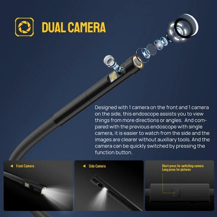 USmart E2 Waterproof Endoscope for Ulefone Device Inspections dual camera endoscope showing front and side cameras and lens assembly