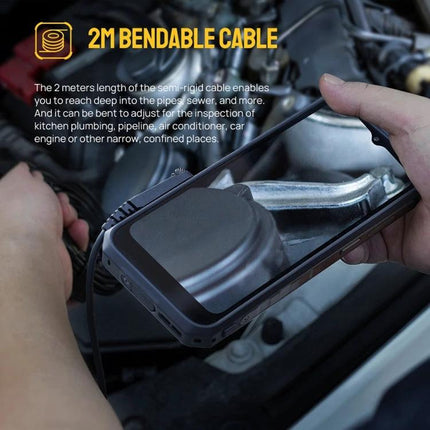 USmart E2 Waterproof Endoscope for Ulefone Device Inspections – hands holding Ulefone with 2m bendable cable inspecting car engine components