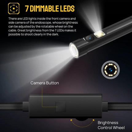 USmart E2 Waterproof Endoscope for Ulefone Device Inspections showing 7 dimmable LEDs, camera button and brightness control wheel