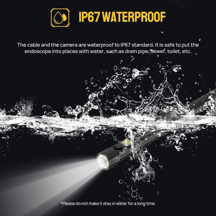 USmart E2 Waterproof Endoscope for Ulefone Device Inspections showing IP67 waterproof probe with light splashing water