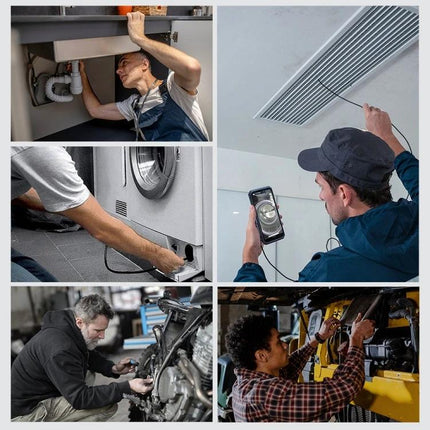 USmart E2 Waterproof Endoscope for Ulefone Device Inspections showing mechanics and plumbers using the waterproof inspection camera connected to a Ulefone