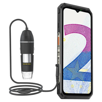 Ulefone uSmart C01 Wired Microscope for Armor Series Devices connected to rugged phone showing handheld magnified imaging