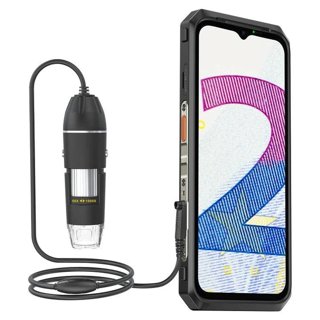 Ulefone uSmart C01 Wired Microscope for Armor Series Devices connected to rugged phone showing handheld magnified imaging