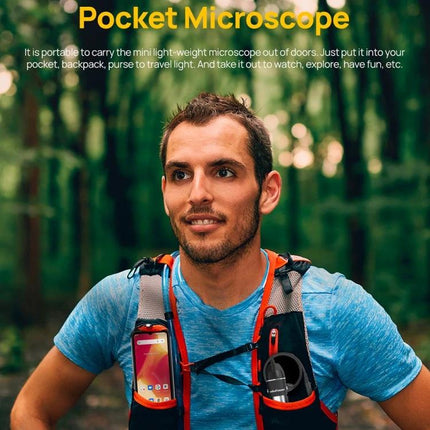 Ulefone uSmart C01 Wired Microscope for Armor Series Devices attached to outdoor hiker’s Armor phone for close-up inspections and field exploration