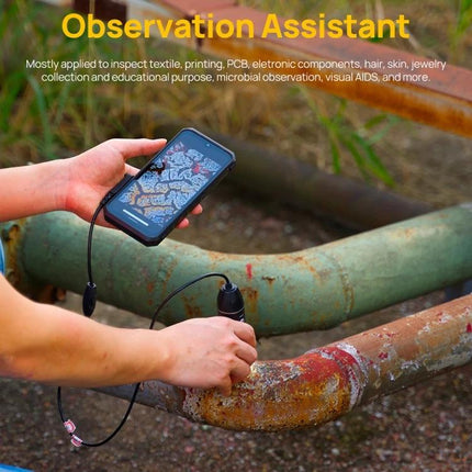 Ulefone uSmart C01 Wired Microscope for Armor Series Devices used outdoors inspecting rusted pipe with smartphone connection