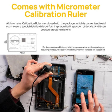 Ulefone uSmart C01 Wired Microscope for Armor Series Devices showing micrometer calibration ruler and close-up inspection of phone components