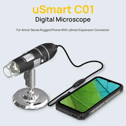 Ulefone uSmart C01 Wired Microscope for Armor Series Devices connected to rugged phone showing magnified leaf image