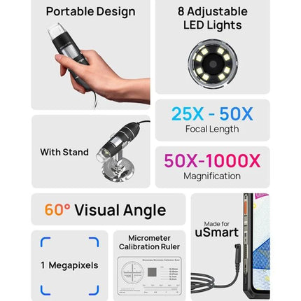 Ulefone uSmart C01 Wired Microscope for Armor Series Devices portable wired microscope with 8 LED lights, 25X-1000X magnification and 1MP camera