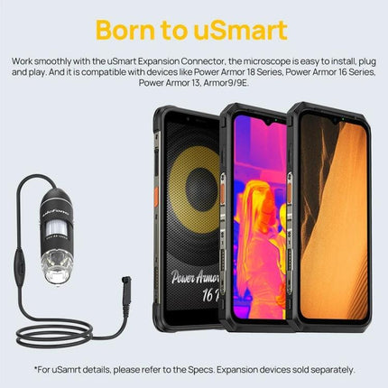 Ulefone uSmart C01 Wired Microscope for Armor Series Devices connected to Armor phone showing close-up and thermal images