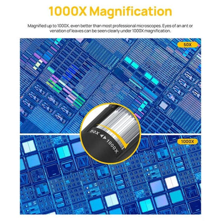 Ulefone uSmart C01 Wired Microscope for Armor Series Devices showing 50X vs 1000X magnification circuit board close-ups