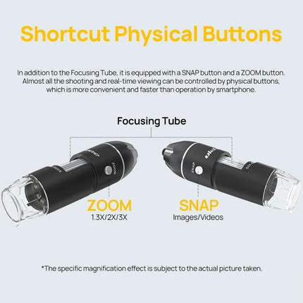 Ulefone uSmart C01 Wired Microscope for Armor Series Devices showing focusing tube with ZOOM and SNAP shortcut physical buttons for images and videos