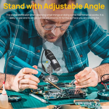 Technician using Ulefone uSmart C01 Wired Microscope for Armor Series Devices with adjustable stand to inspect circuit board components