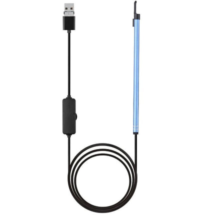 Visual Earwax Cleaning Endoscope with WiFi and LED Lights showing slim blue probe with USB cable and LED tip for home ear hygiene