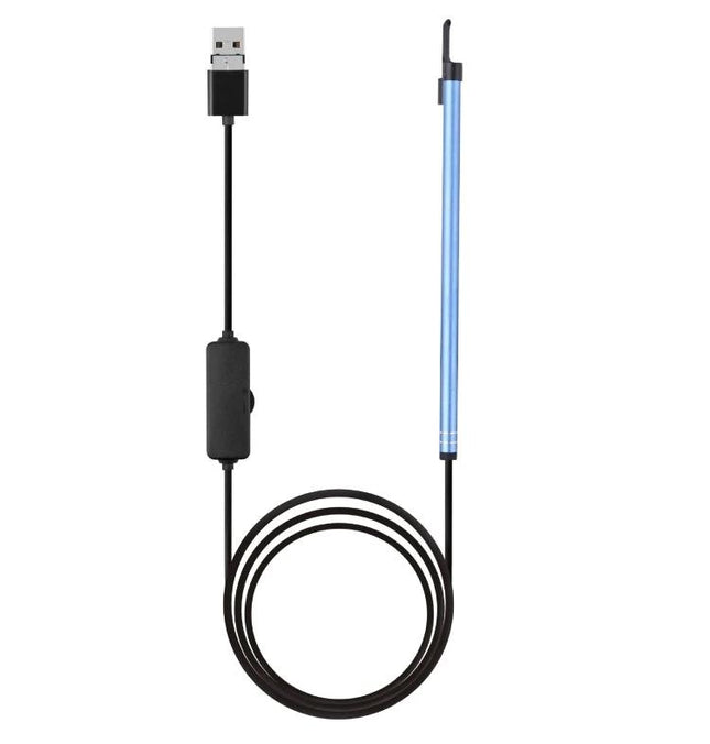 Visual Earwax Cleaning Endoscope with WiFi and LED Lights showing slim blue probe with USB cable and LED tip for home ear hygiene