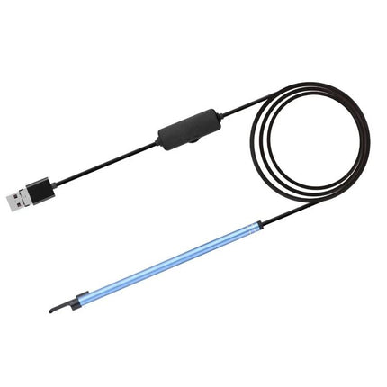 Visual Earwax Cleaning Endoscope with WiFi and LED Lights showing USB cable, slim blue probe and LED tip for home ear hygiene