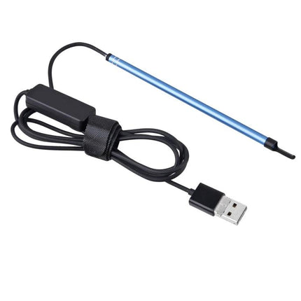 Visual Earwax Cleaning Endoscope with WiFi and LED Lights showing slim blue probe with USB cable and LED tip for home ear hygiene