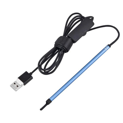 Visual Earwax Cleaning Endoscope with WiFi and LED Lights showing slim blue probe, USB cable and LED tip for home ear hygiene