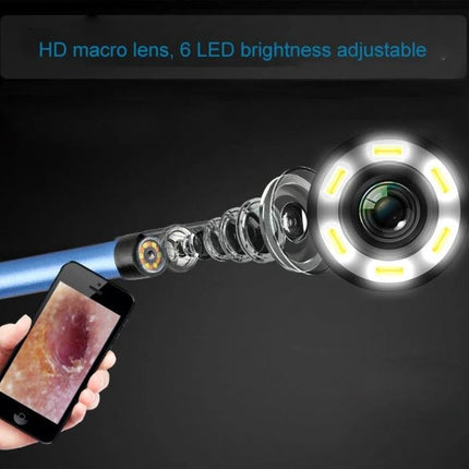 Visual Earwax Cleaning Endoscope with WiFi and LED Lights showing LED ring camera, smartphone view of ear canal and adjustable HD macro lens