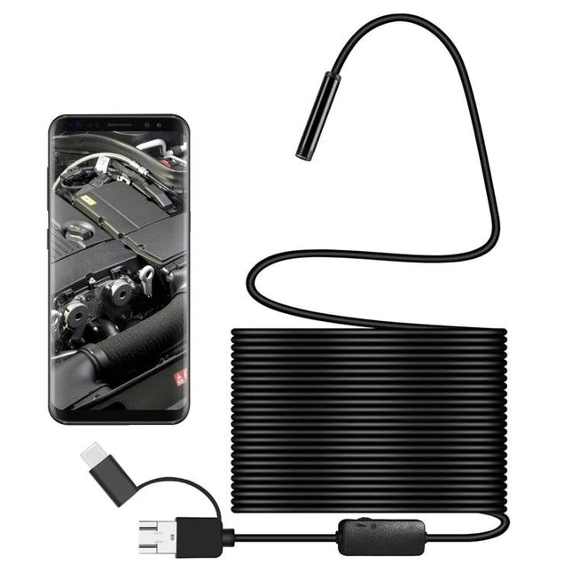 Waterproof 8mm Endoscope Camera for Pipe and Underwater Inspection - flexible cable, USB/phone connector and live feed of engine pipe interior