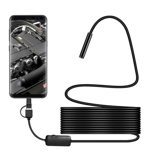 Waterproof 8mm Endoscope Camera for Pipe and Underwater Inspection showing camera probe connected to smartphone displaying engine inspection