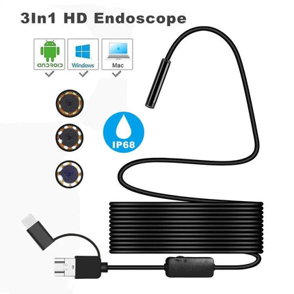 Waterproof 8mm Endoscope Camera for Pipe and Underwater Inspection showing 3in1 HD probe, coiled cable, connectors and IP68 icon