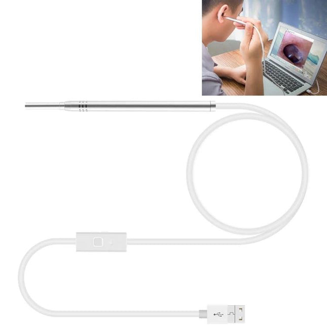 Handheld Endoscope for Ear, Nose, and Tooth Checks with LED Lights showing probe, USB cable, and person viewing ear on laptop